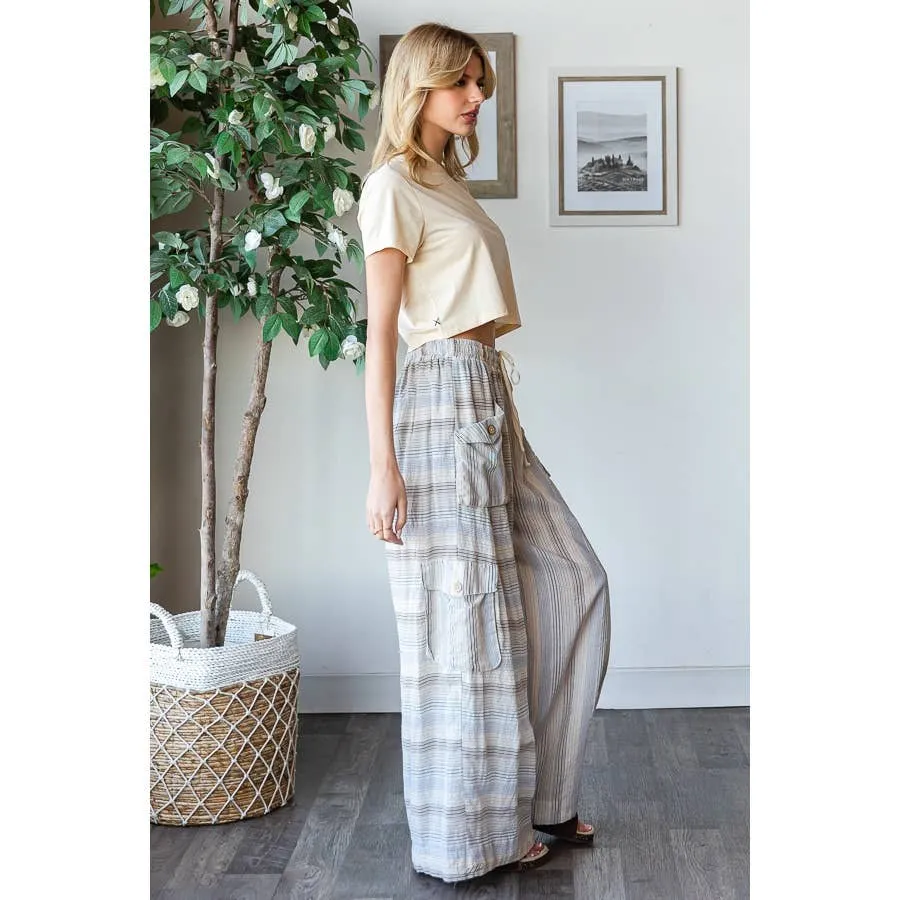 Blue Washed 3D Pocket Narrow Stripe Wide Leg Oli Hali Pants