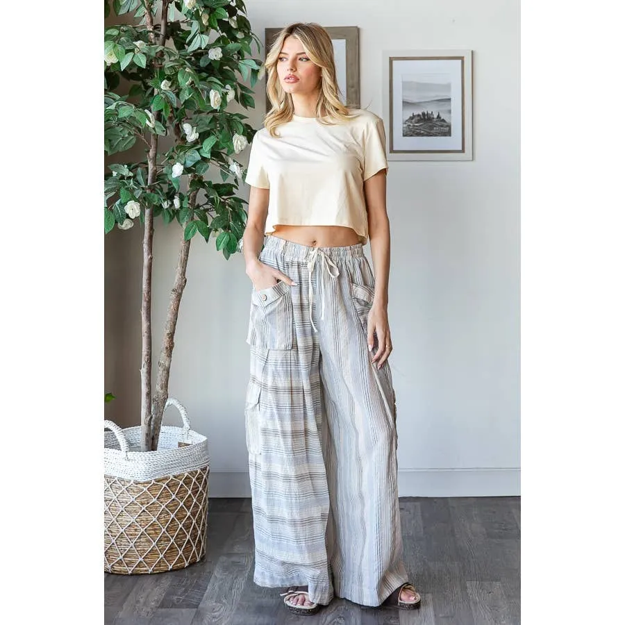 Blue Washed 3D Pocket Narrow Stripe Wide Leg Oli Hali Pants