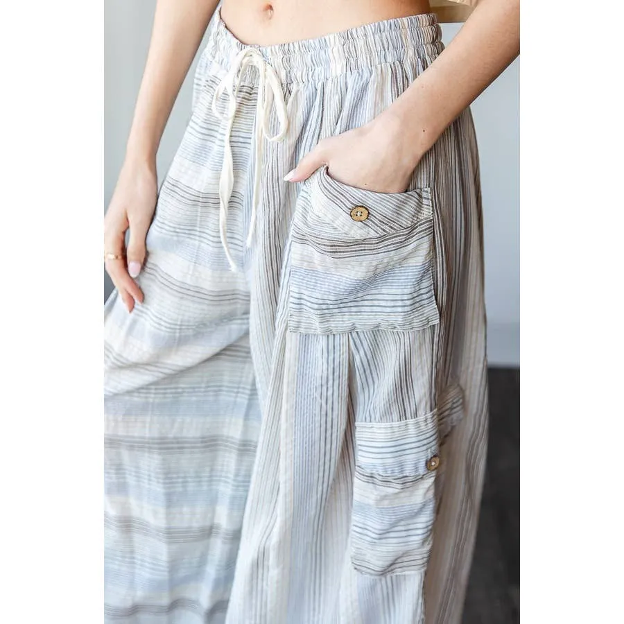 Blue Washed 3D Pocket Narrow Stripe Wide Leg Oli Hali Pants