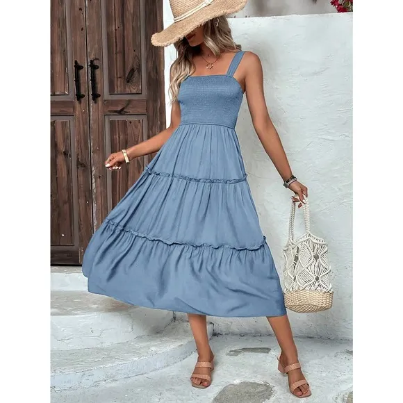 boho shirred bust Frill Trim tiered Cami midi Dress square neck navy