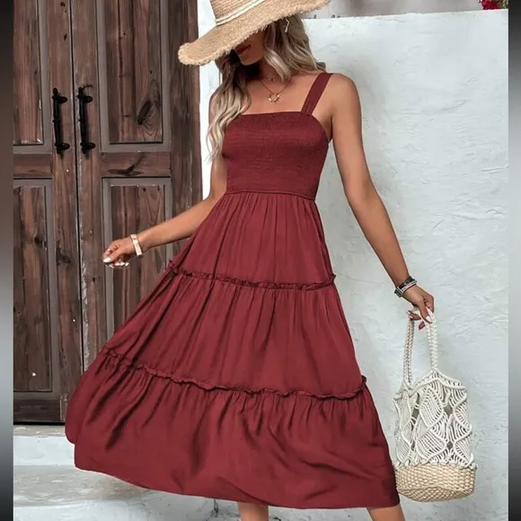 boho shirred bust Frill Trim tiered Cami midi Dress square neck navy