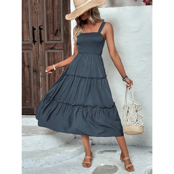 boho shirred bust Frill Trim tiered Cami midi Dress square neck navy