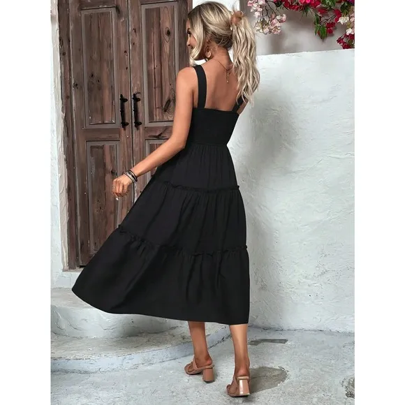 boho shirred bust Frill Trim tiered Cami midi Dress square neck navy
