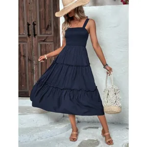 boho shirred bust Frill Trim tiered Cami midi Dress square neck navy