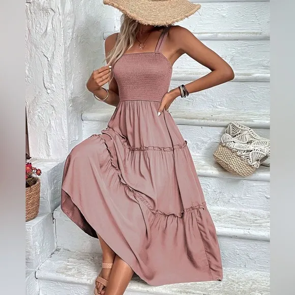 boho shirred bust Frill Trim tiered Cami midi Dress square neck navy