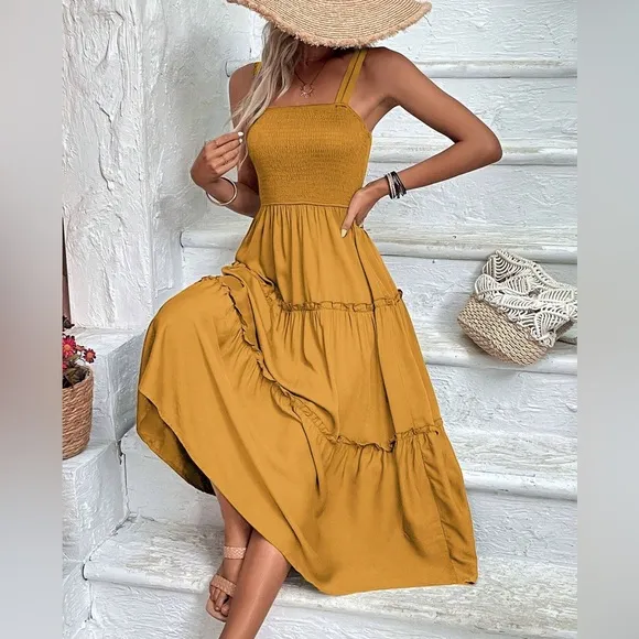 boho shirred bust Frill Trim tiered Cami midi Dress square neck navy