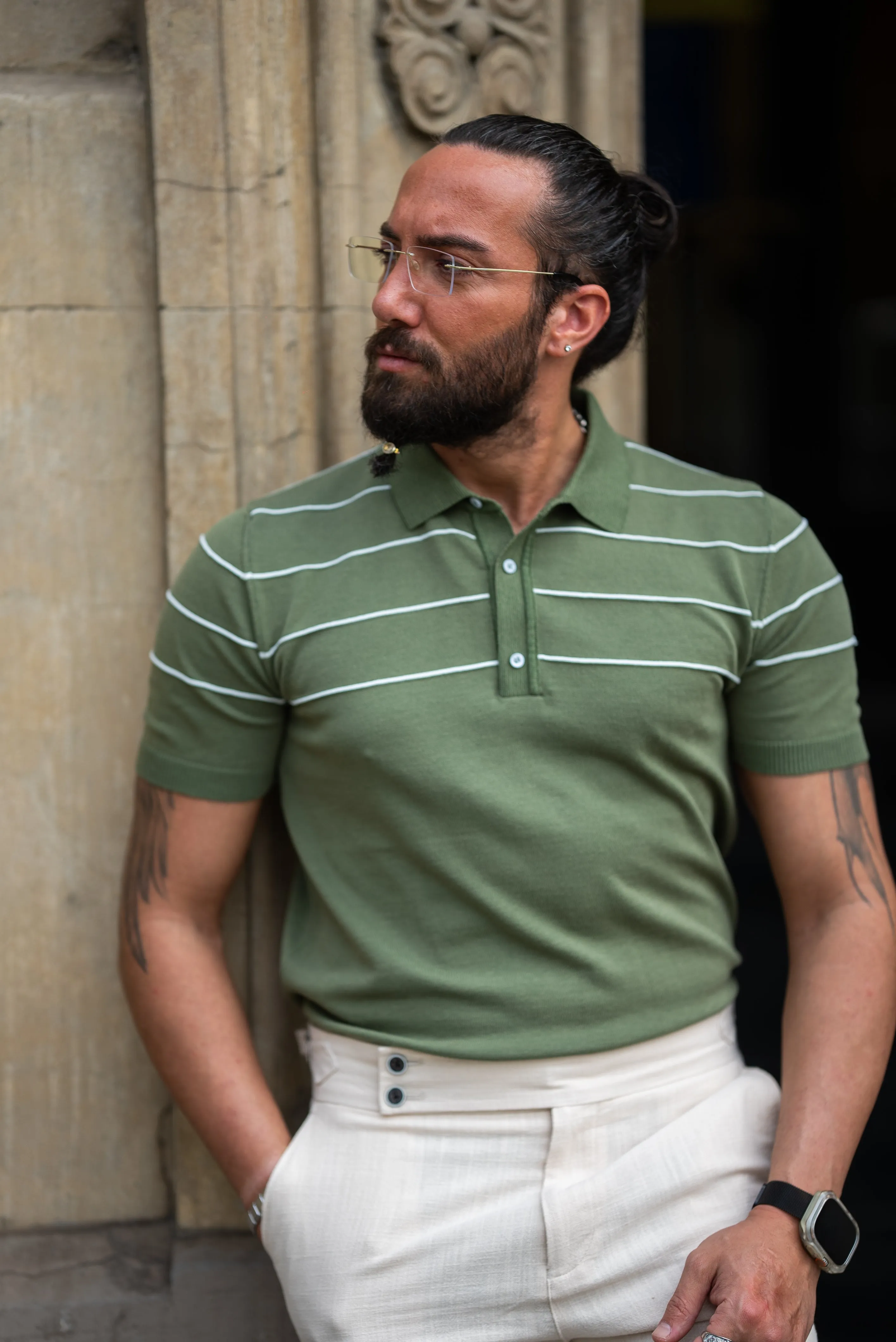 Brabion Maison Slim Fit Striped Green Polo Shirt