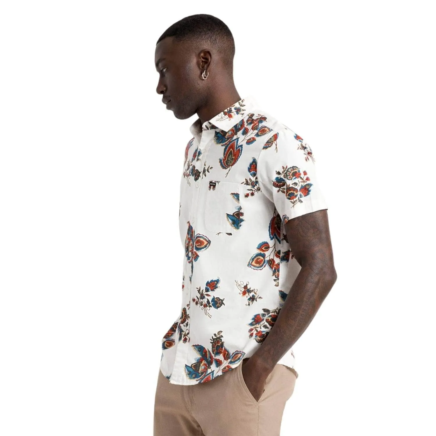 Brixton Charter Print Short Sleeve Woven Shirt - Off White/Red