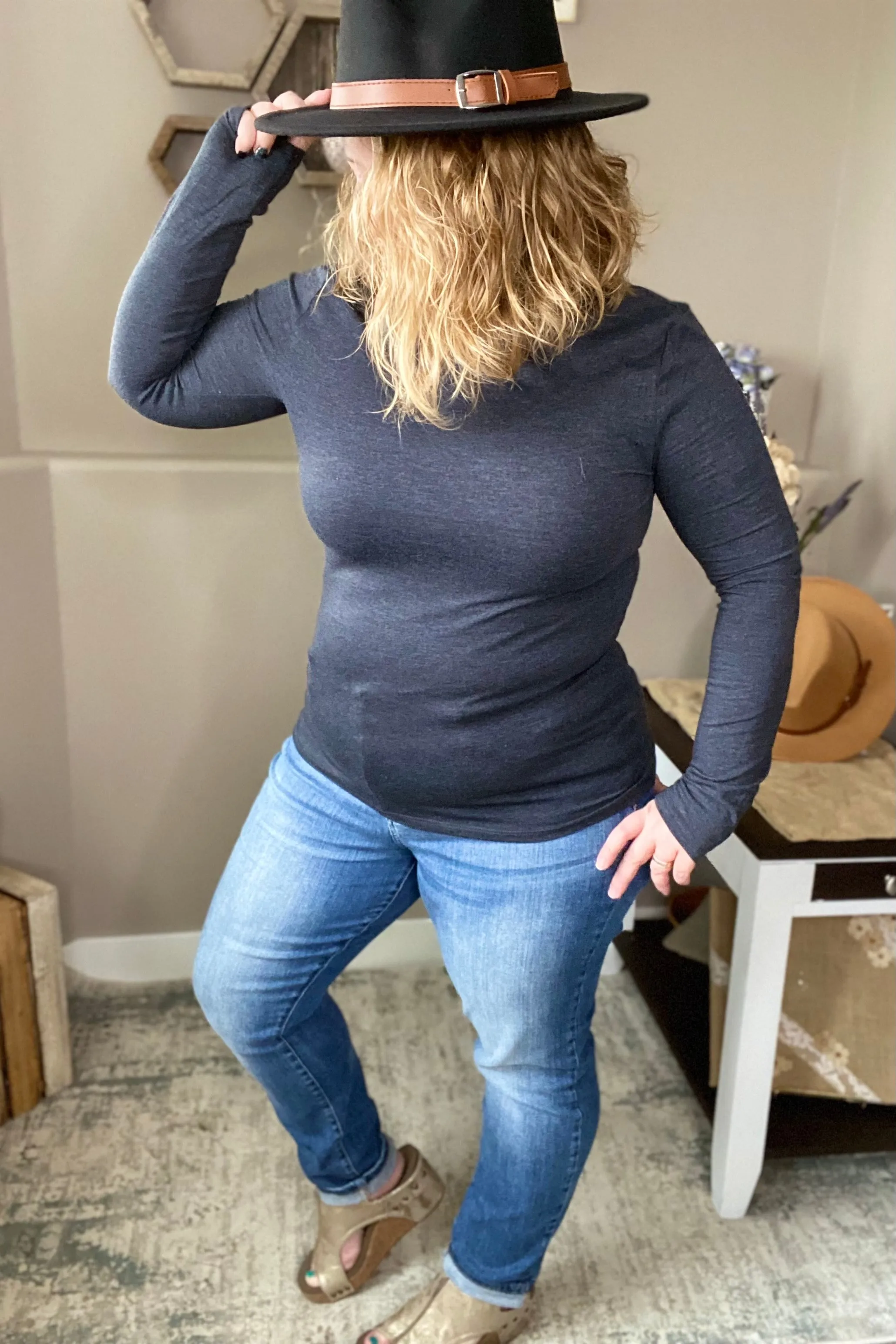 Charcoal Mock Neck Long Sleeve Tee