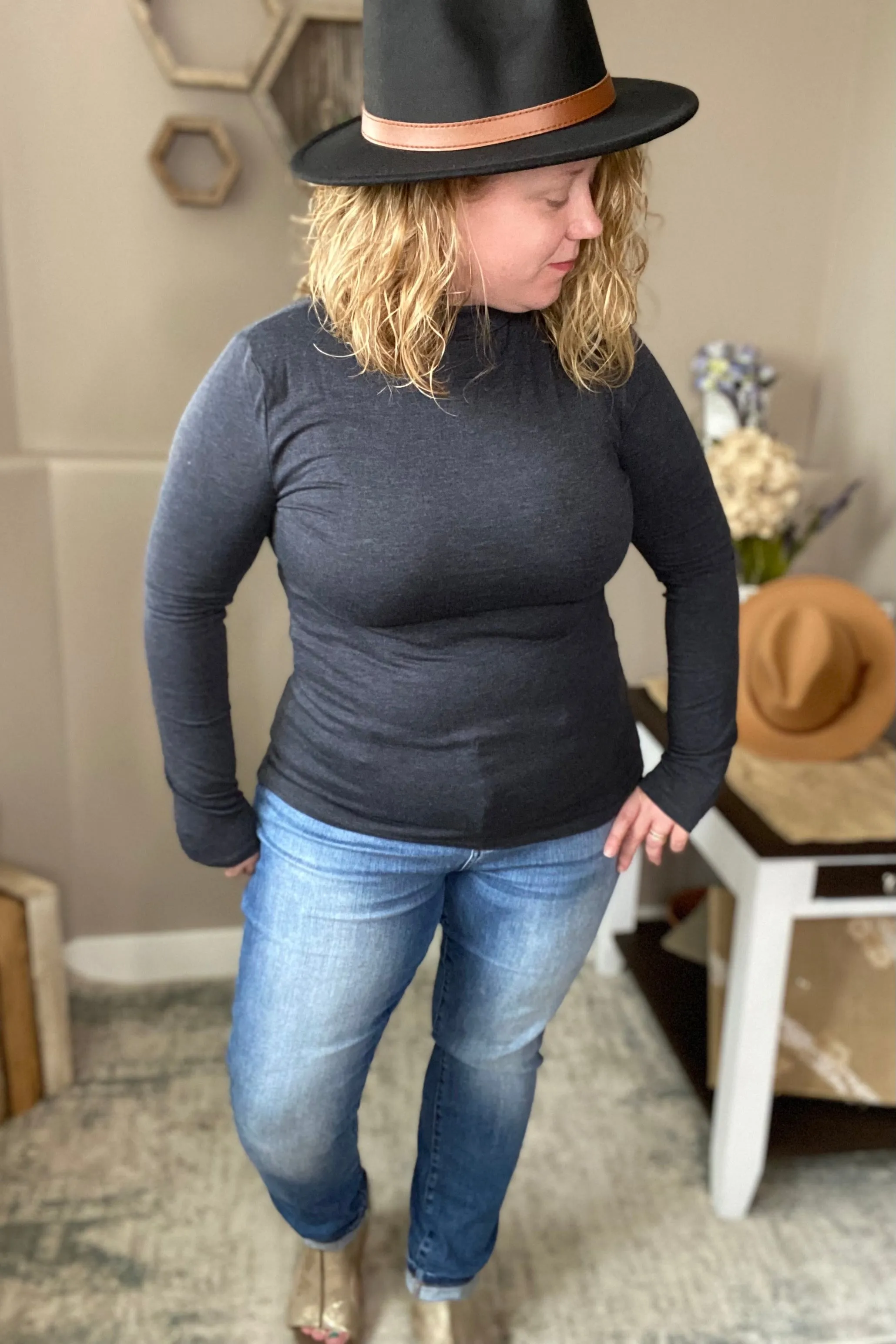 Charcoal Mock Neck Long Sleeve Tee