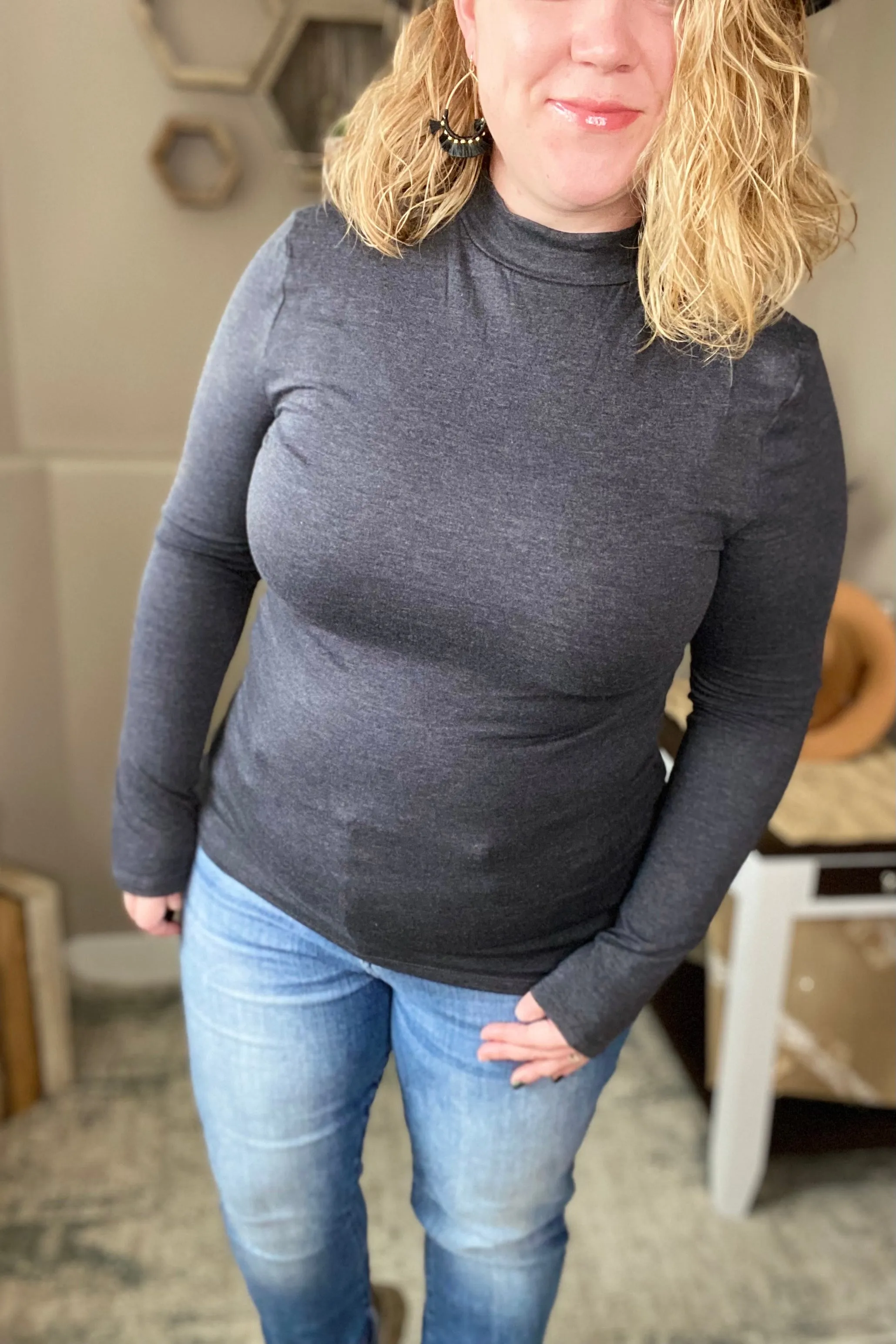 Charcoal Mock Neck Long Sleeve Tee