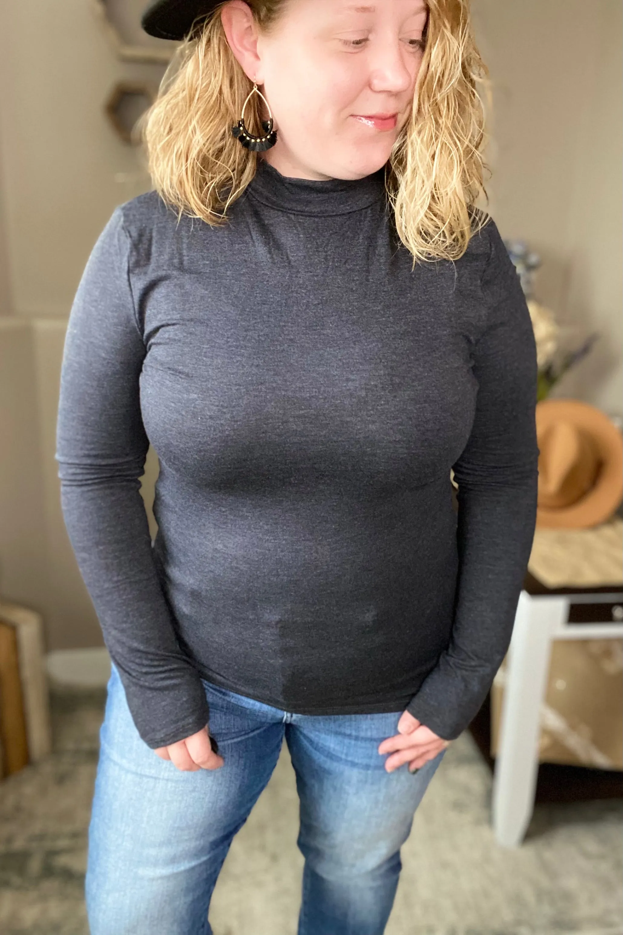 Charcoal Mock Neck Long Sleeve Tee
