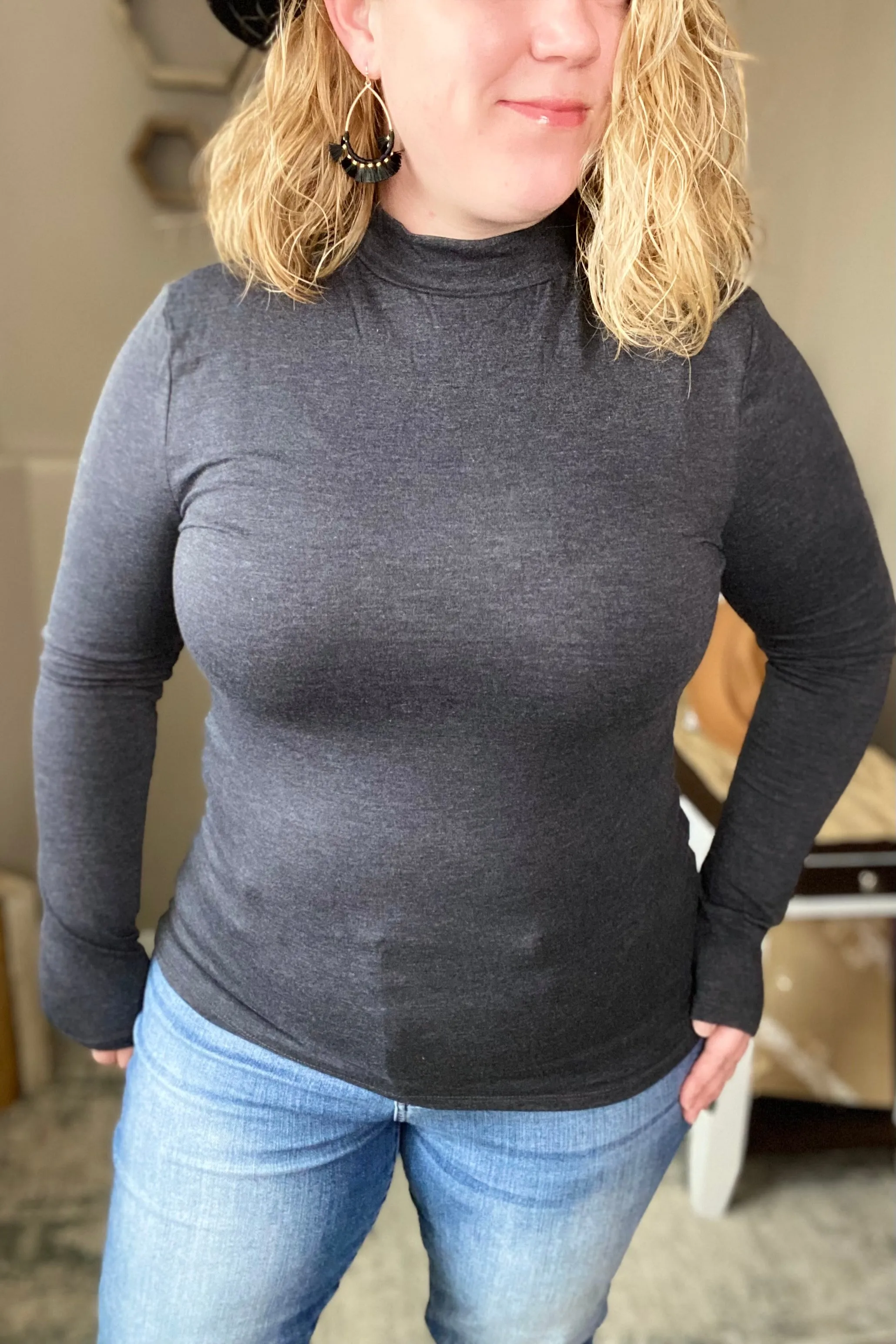 Charcoal Mock Neck Long Sleeve Tee