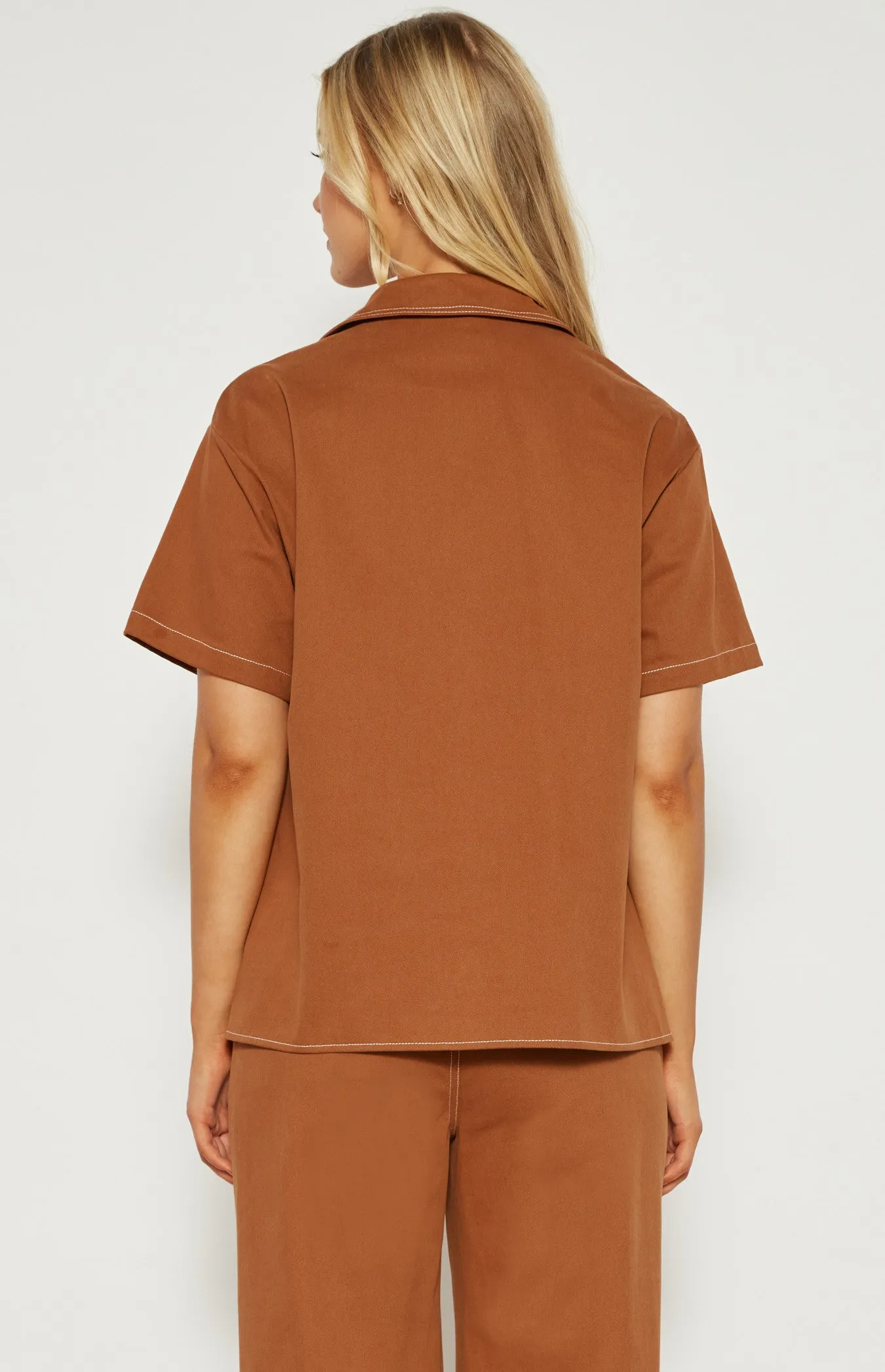 Cinnamon Cotton Button Up Shirt with Contrast Stitching