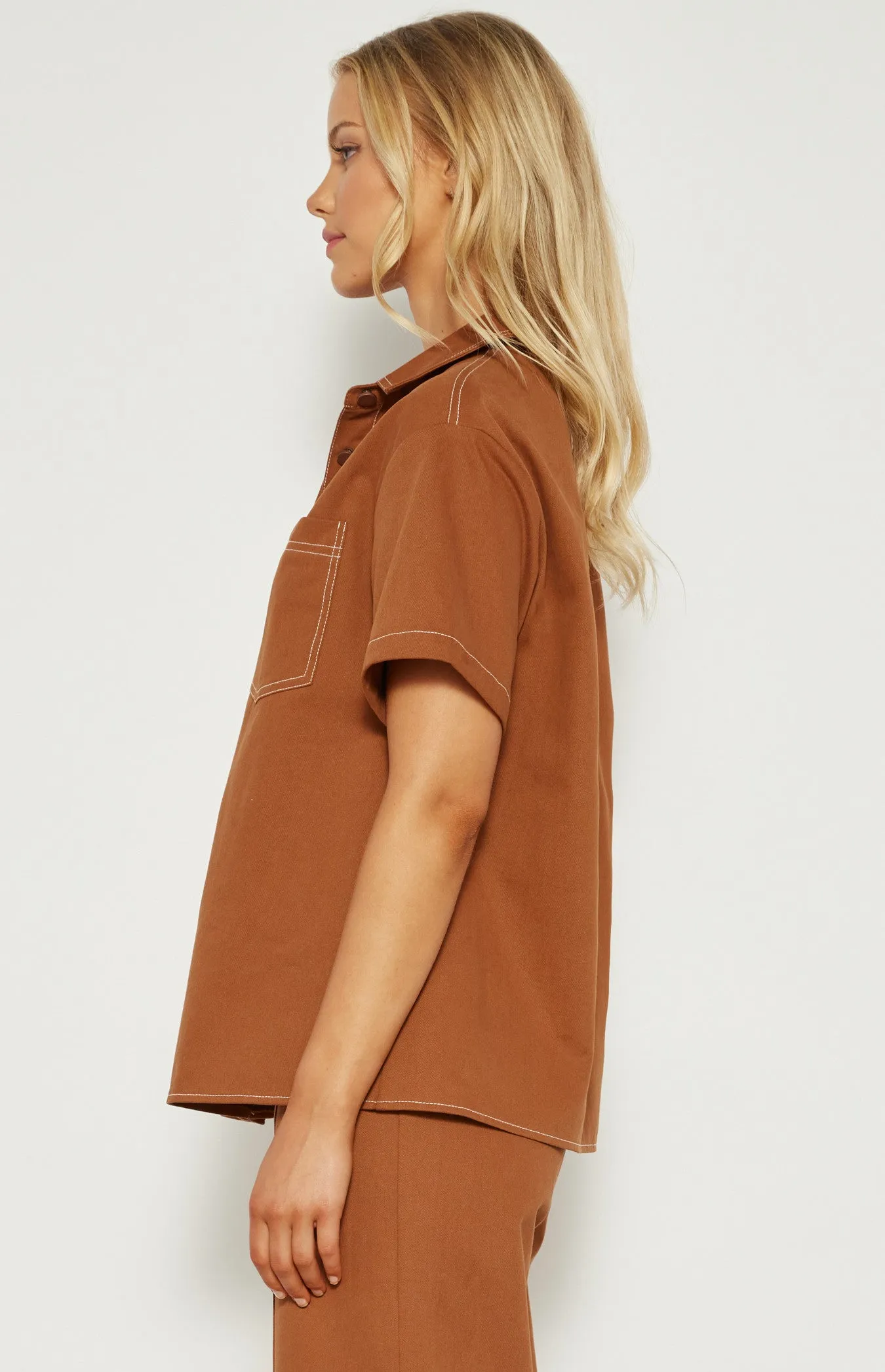 Cinnamon Cotton Button Up Shirt with Contrast Stitching