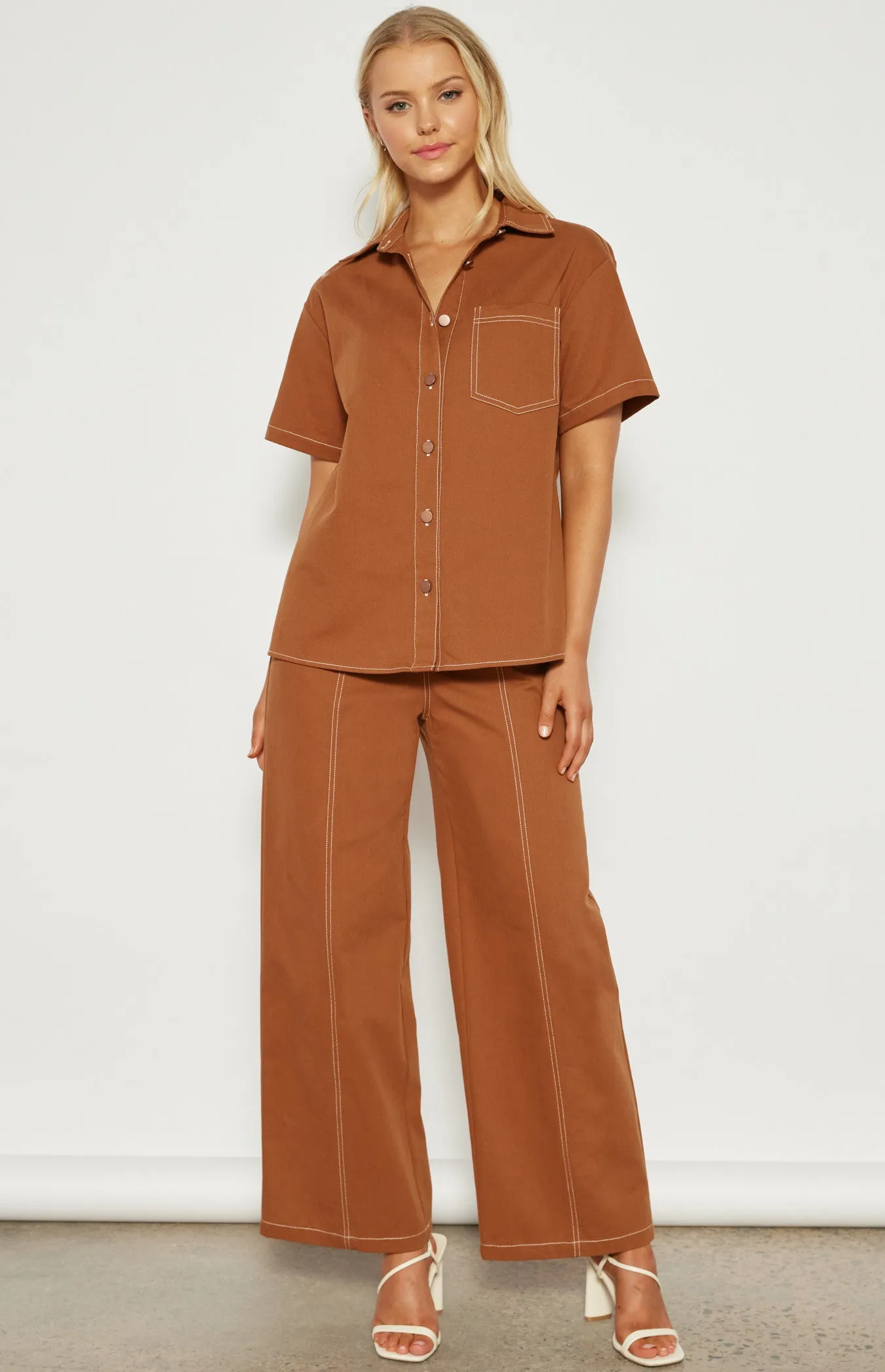 Cinnamon Cotton Button Up Shirt with Contrast Stitching