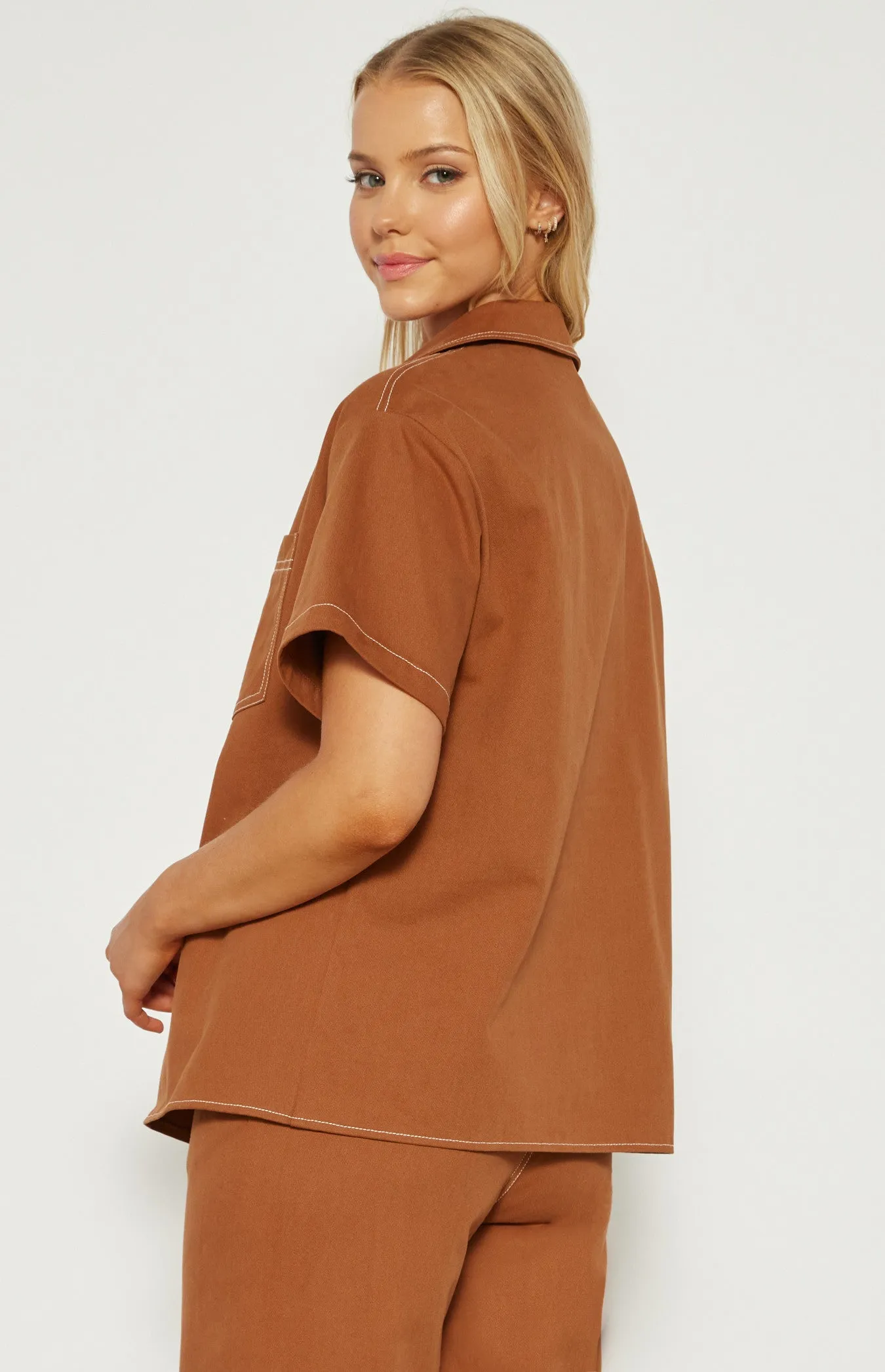 Cinnamon Cotton Button Up Shirt with Contrast Stitching