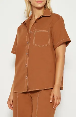 Cinnamon Cotton Button Up Shirt with Contrast Stitching