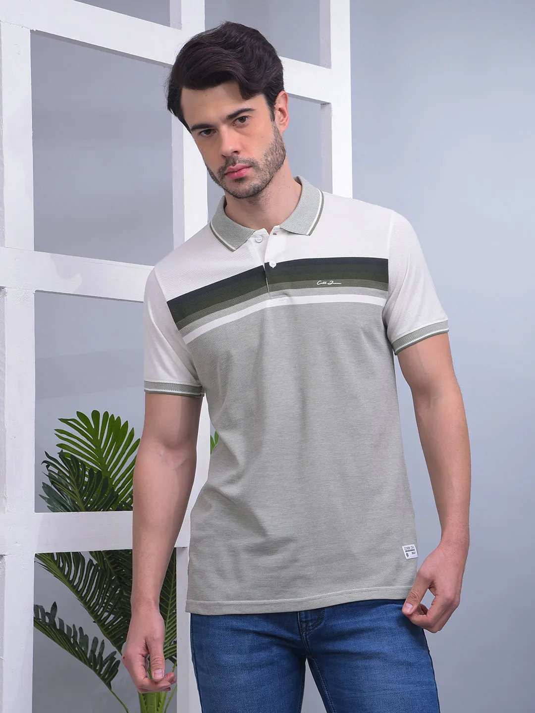 COBB LIGHT GREEN STRIPED POLO NECK T-SHIRT