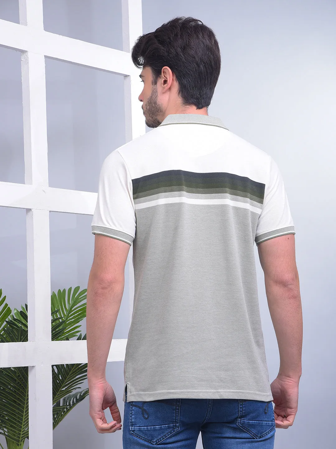 COBB LIGHT GREEN STRIPED POLO NECK T-SHIRT