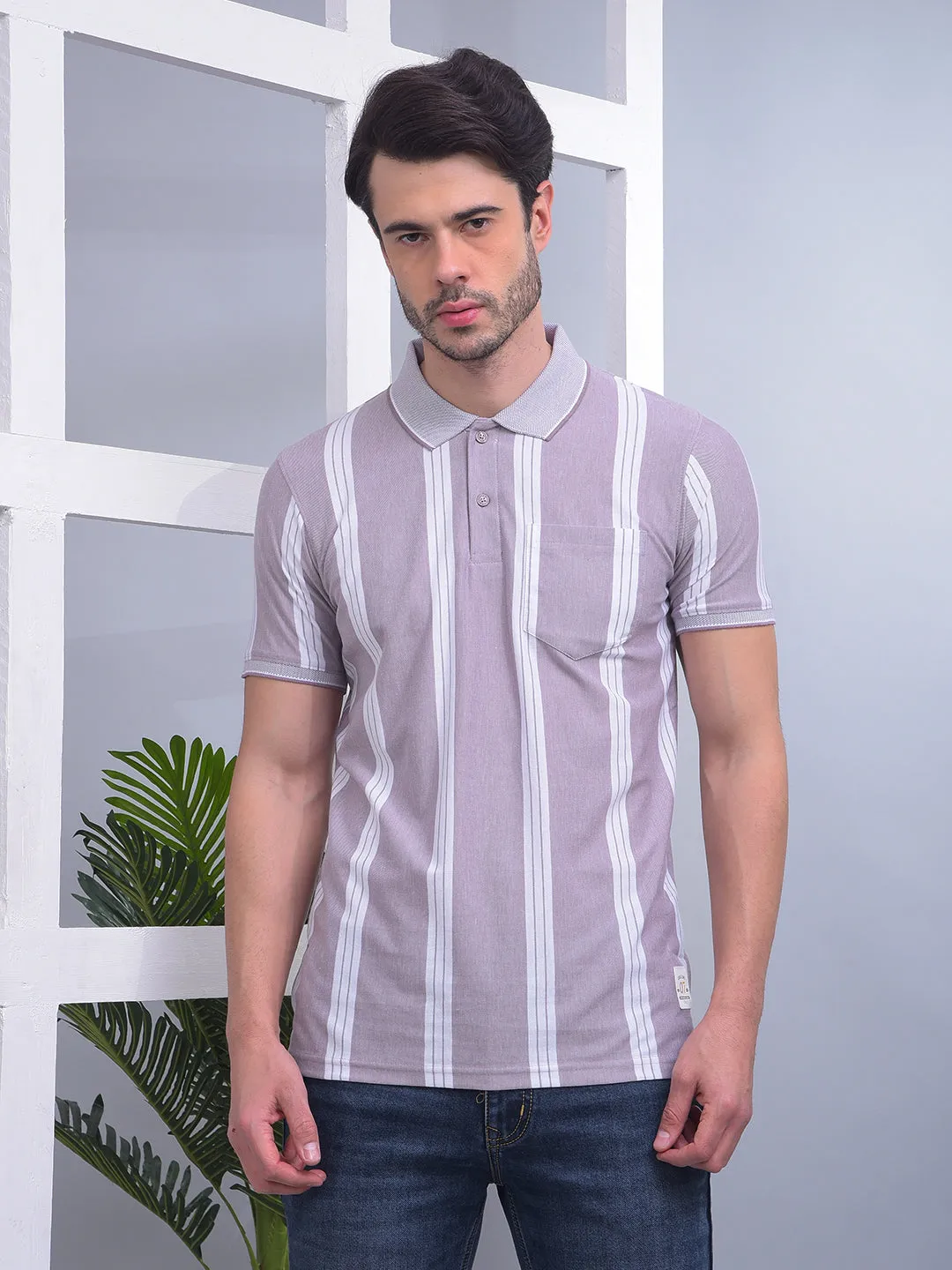 COBB LIGHT MAUVE STRIPED POLO NECK T-SHIRT
