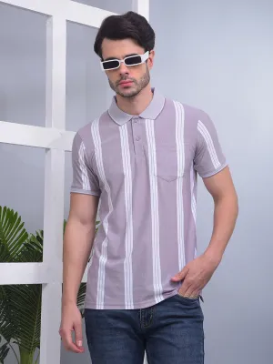 COBB LIGHT MAUVE STRIPED POLO NECK T-SHIRT