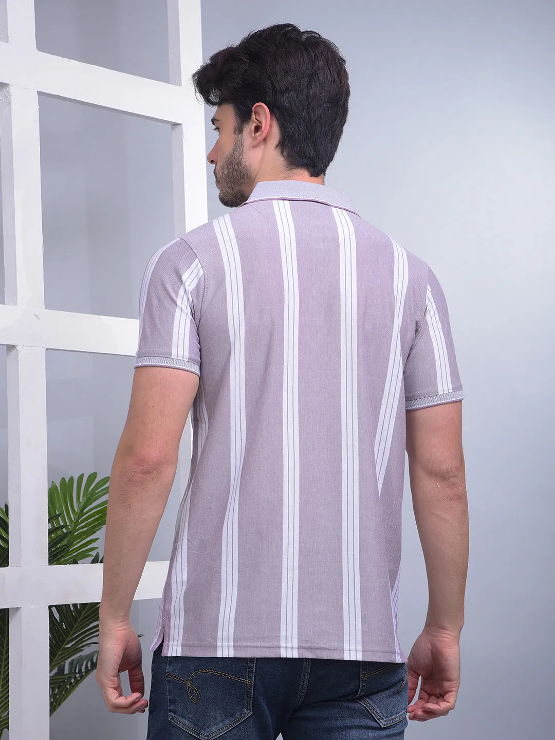 COBB LIGHT MAUVE STRIPED POLO NECK T-SHIRT