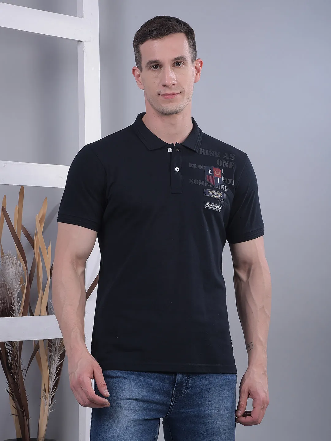 COBB NAVY BLUE PRINTED POLO NECK T-SHIRT