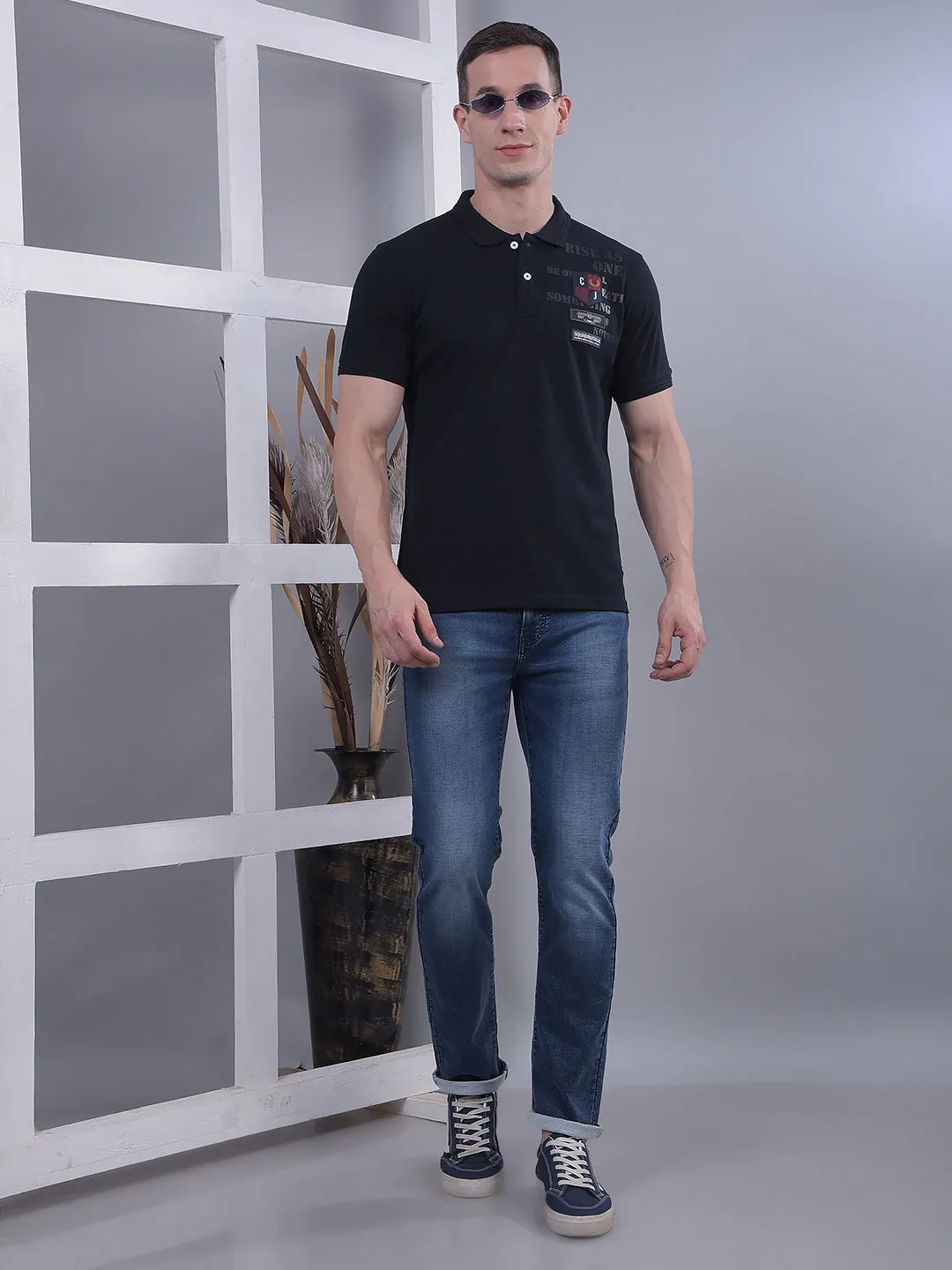 COBB NAVY BLUE PRINTED POLO NECK T-SHIRT