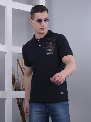 COBB NAVY BLUE PRINTED POLO NECK T-SHIRT