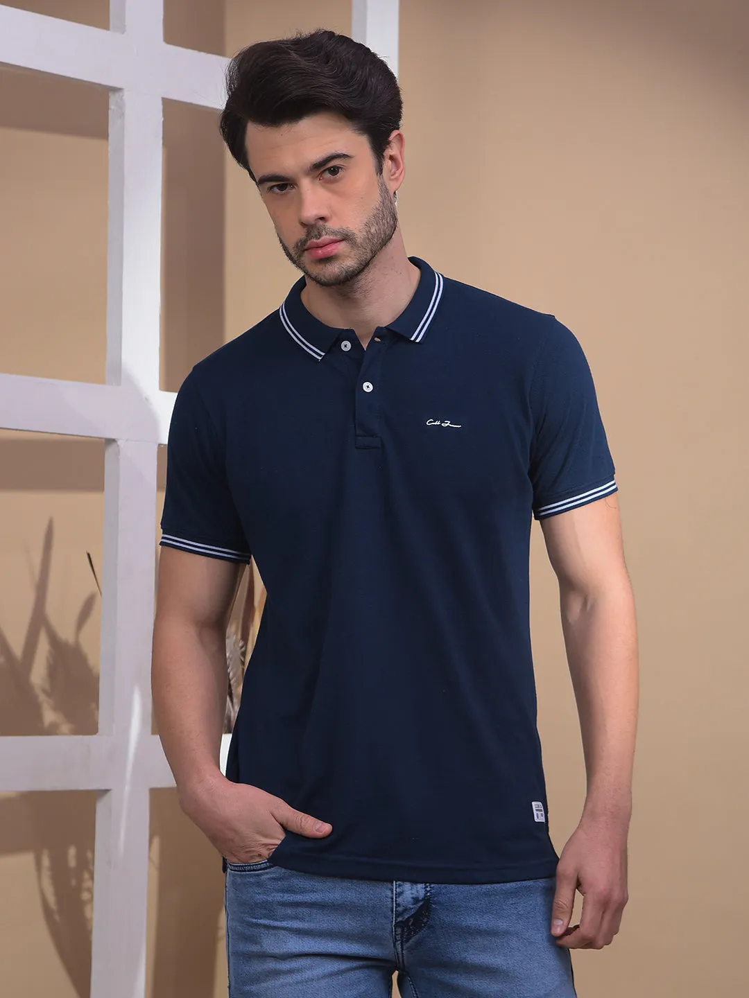 COBB SOLID NAVY BLUE POLO NECK T-SHIRT