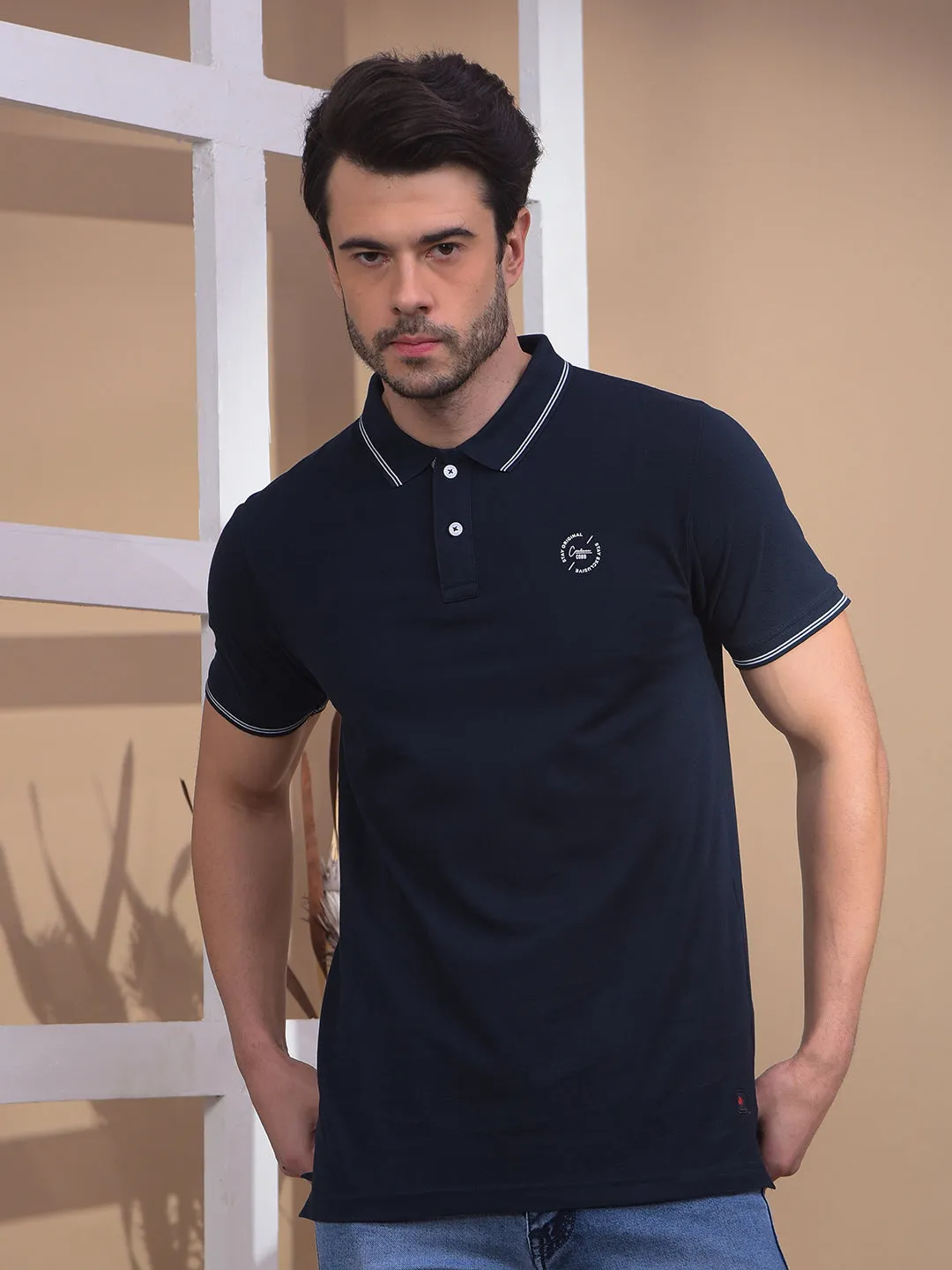 COBB SOLID NAVY BLUE POLO NECK T-SHIRT