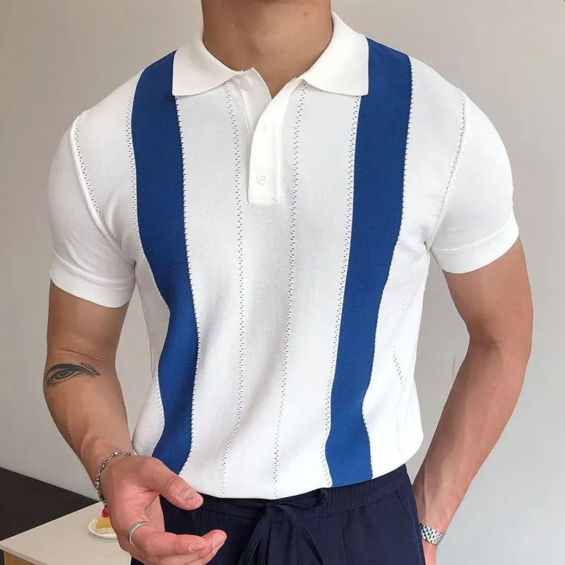 Color Stitching Men's Casual Knitted Polo Shirt