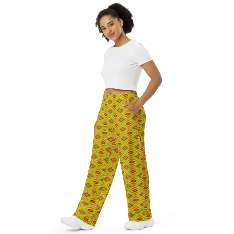 Cozy Yellow Wide Leg Pants in Geometric Pattern