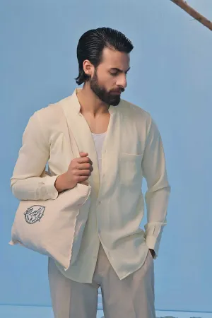 Cream Seersucker Open V-Neck Collared Shirt