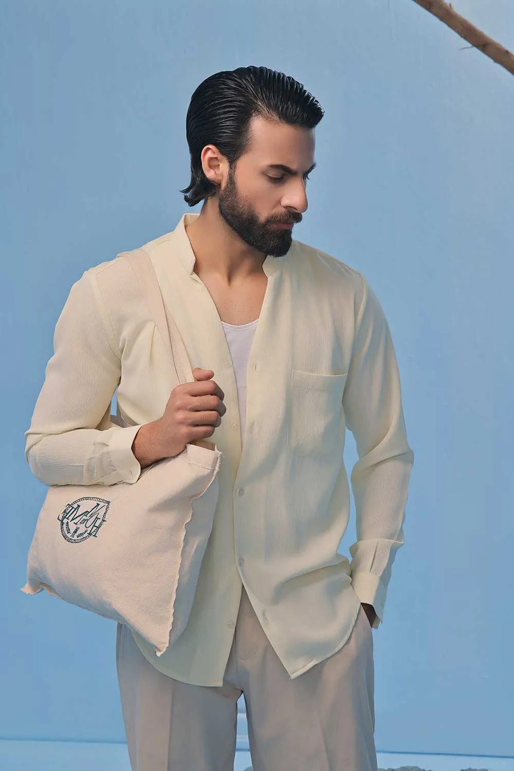 Cream Seersucker Open V-Neck Collared Shirt
