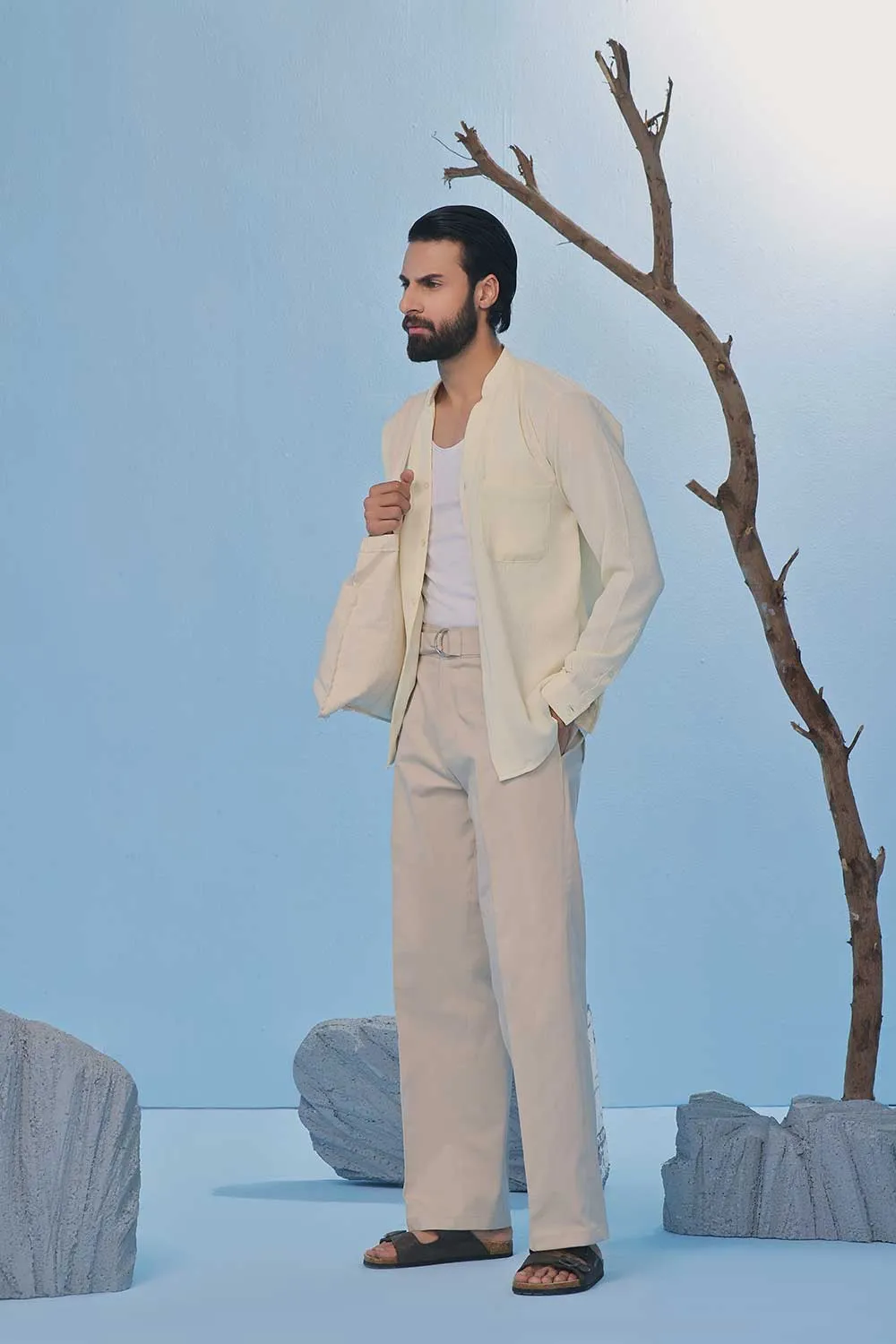 Cream Seersucker Open V-Neck Collared Shirt