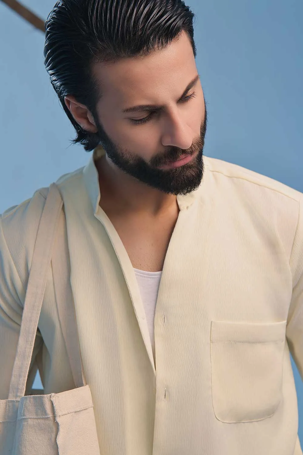Cream Seersucker Open V-Neck Collared Shirt
