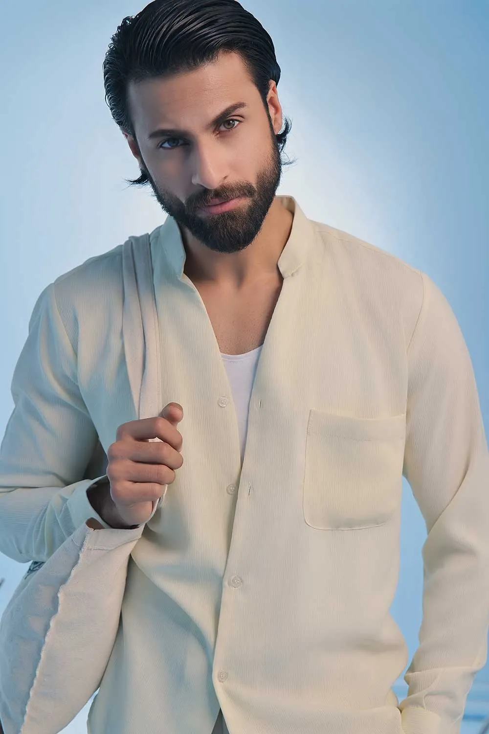 Cream Seersucker Open V-Neck Collared Shirt