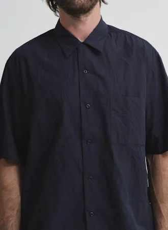 Crinkle Typewriter Short Sleeve Open Collar Shirt | Navy