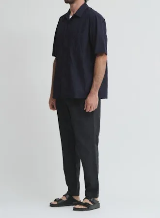 Crinkle Typewriter Short Sleeve Open Collar Shirt | Navy