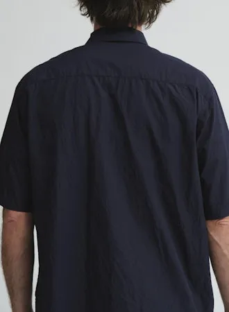 Crinkle Typewriter Short Sleeve Open Collar Shirt | Navy