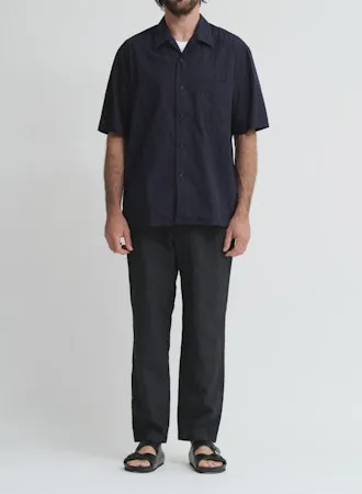 Crinkle Typewriter Short Sleeve Open Collar Shirt | Navy