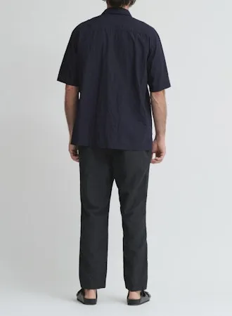 Crinkle Typewriter Short Sleeve Open Collar Shirt | Navy