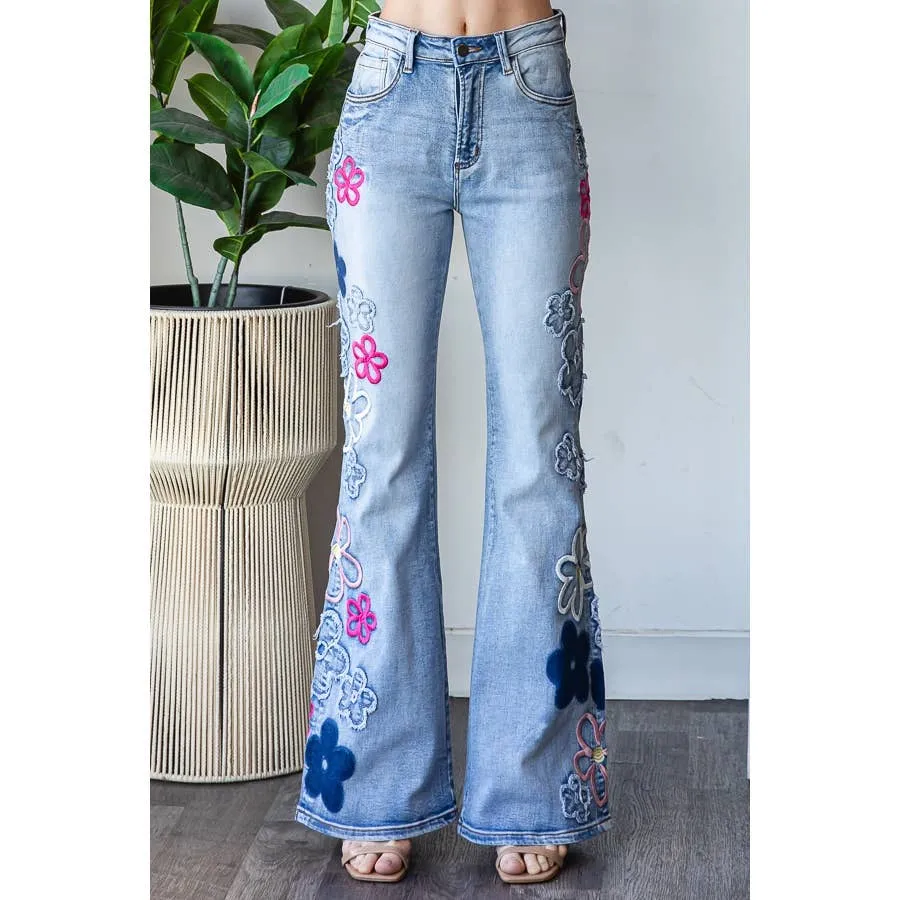 Denim Pink Combo Washed Flower Embroidery Denim Oli Hali Pants