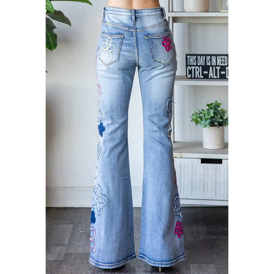 Denim Pink Combo Washed Flower Embroidery Denim Oli Hali Pants