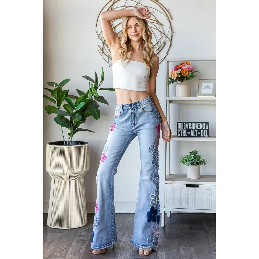 Denim Pink Combo Washed Flower Embroidery Denim Oli Hali Pants