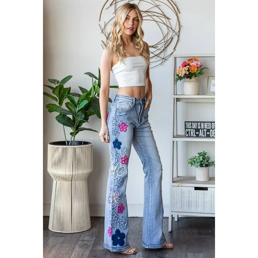 Denim Pink Combo Washed Flower Embroidery Denim Oli Hali Pants