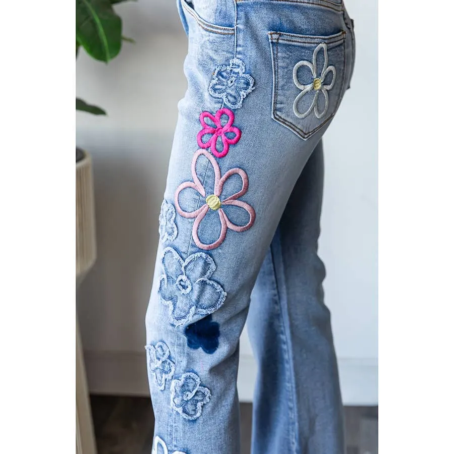 Denim Pink Combo Washed Flower Embroidery Denim Oli Hali Pants