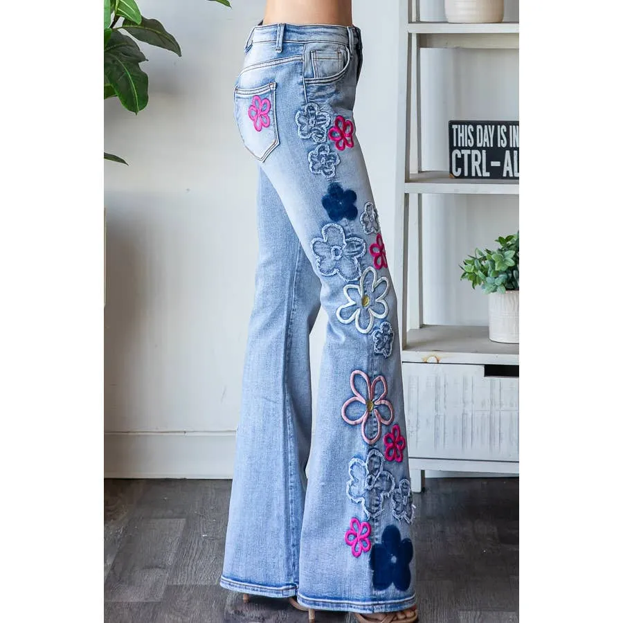 Denim Pink Combo Washed Flower Embroidery Denim Oli Hali Pants
